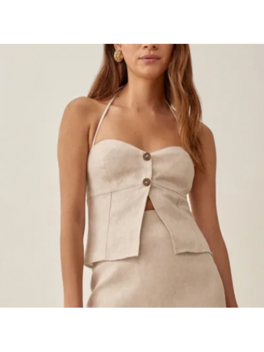 Reformation Alexandria halter oatmeal linen top